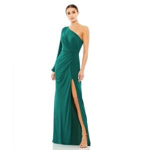 Mac Duggal NWT 67879 ONE SHOULDER PUFF SLEEVE FAUX WRAP GOWN